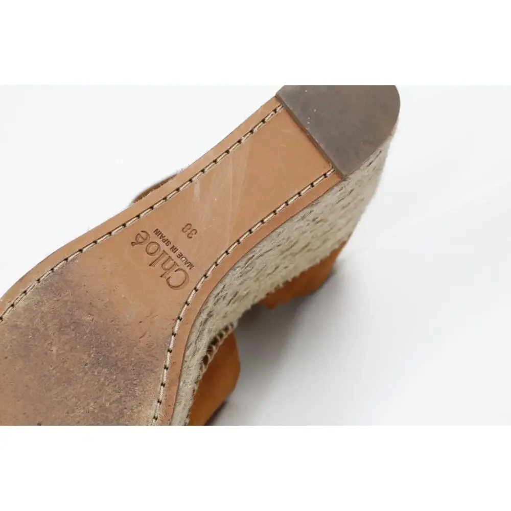 Chloe Lauren Scalloped Suede Espadrille Wedge Sandals 38 Tan Chestnut Platforms